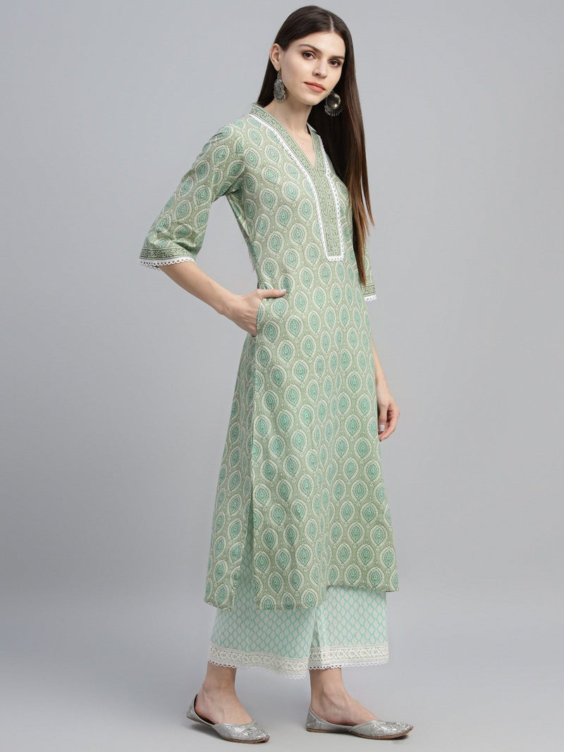 Green Cotton Printed Kurta With Palazzo And Dupatta