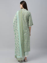 Green Cotton Printed Kurta With Palazzo And Dupatta