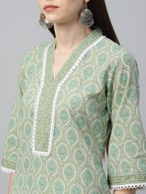 Green Cotton Printed Kurta With Palazzo And Dupatta