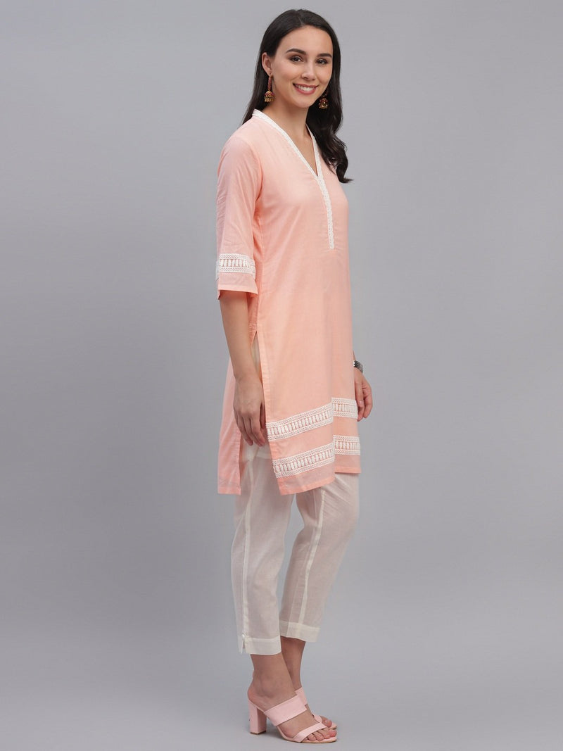 Peach Cotton Printed Kurta And Trouser With Dupatta
