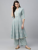 Blue Cotton Printed Anarkali Kurta With Palazzo