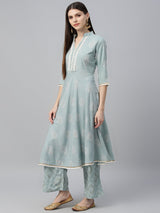 Blue Cotton Printed Anarkali Kurta With Palazzo