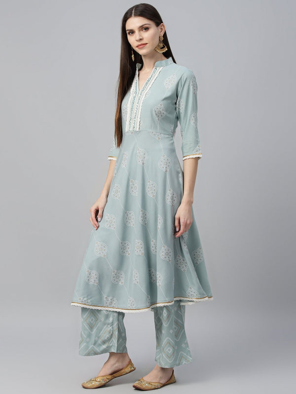 Blue Cotton Printed Anarkali Kurta With Palazzo