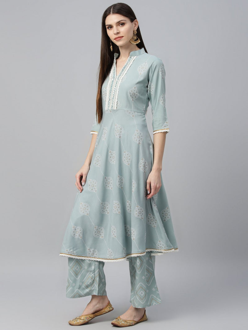 Blue Cotton Printed Anarkali Kurta With Palazzo