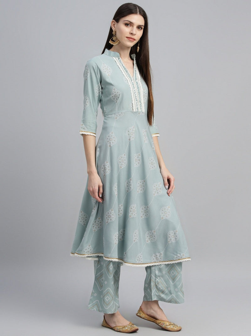 Blue Cotton Printed Anarkali Kurta With Palazzo