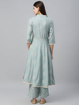 Blue Cotton Printed Anarkali Kurta With Palazzo
