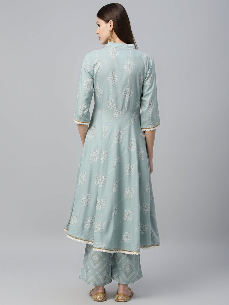 Blue Cotton Printed Anarkali Kurta With Palazzo