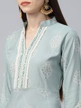 Blue Cotton Printed Anarkali Kurta With Palazzo