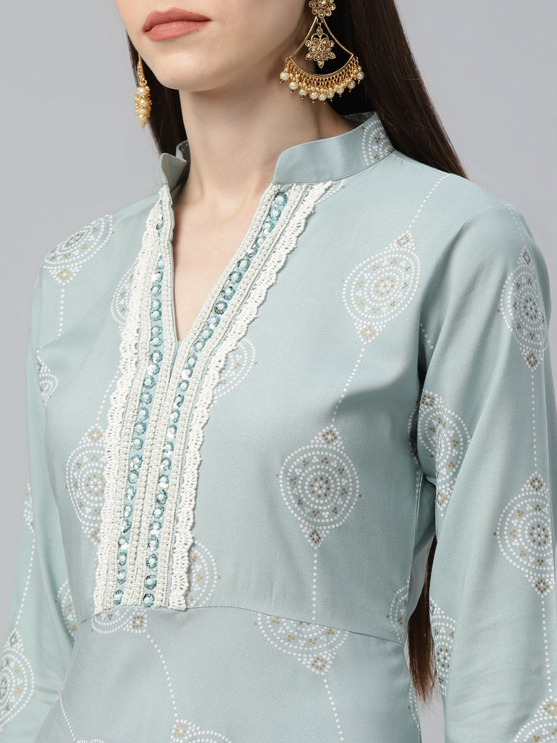 Blue Cotton Printed Anarkali Kurta With Palazzo