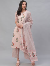 Pink Cotton Printed Kurta With Palazzo And Dupatta