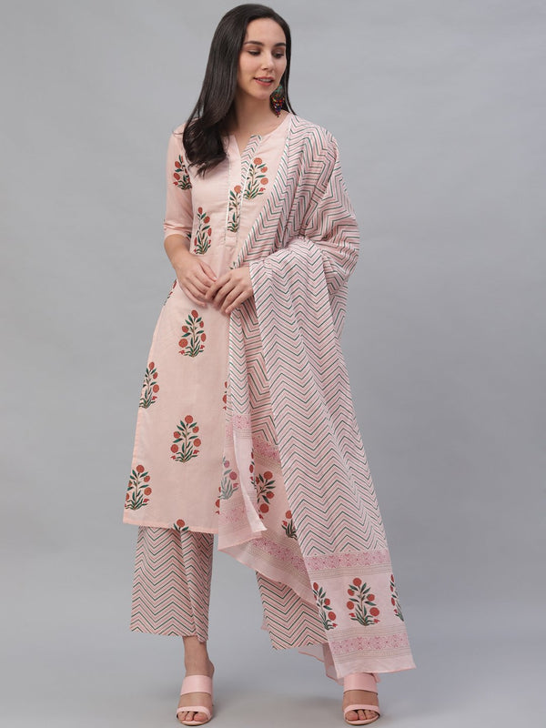 Pink Cotton Printed Kurta With Palazzo And Dupatta