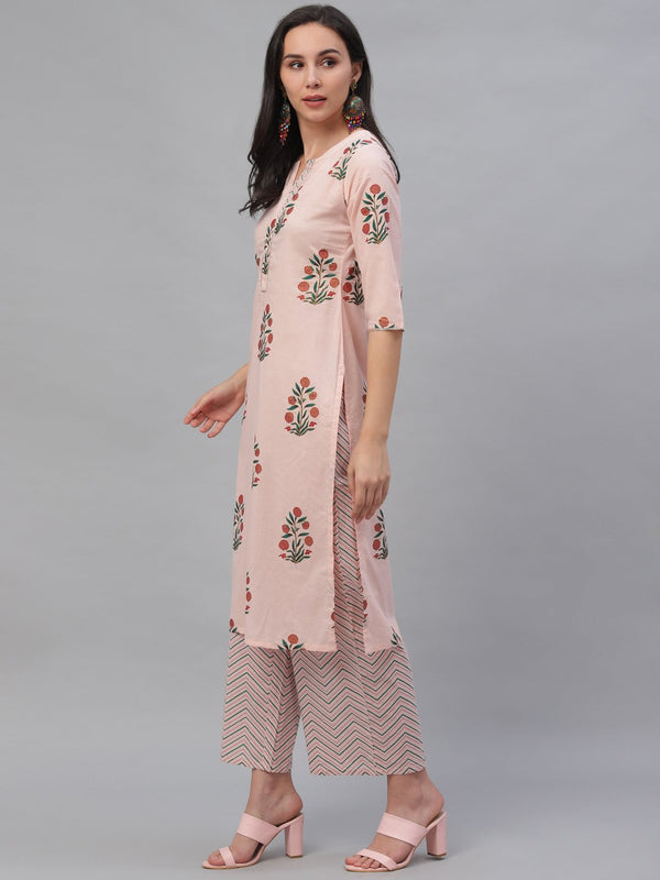 Pink Cotton Printed Kurta With Palazzo And Dupatta