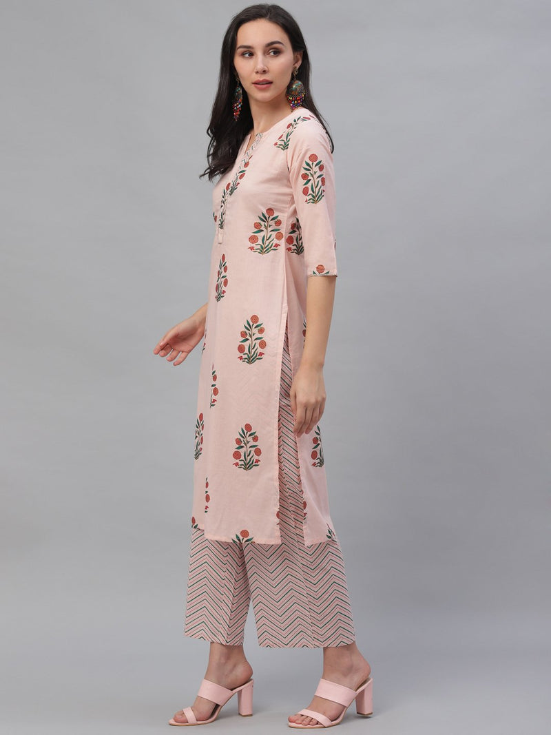 Pink Cotton Printed Kurta With Palazzo And Dupatta