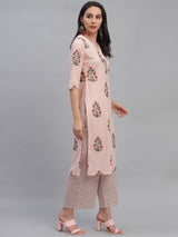 Pink Cotton Printed Kurta With Palazzo And Dupatta