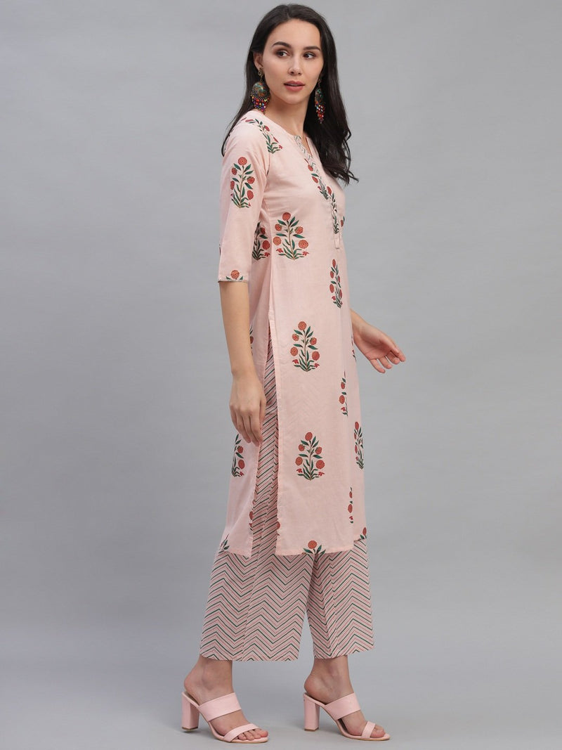 Pink Cotton Printed Kurta With Palazzo And Dupatta