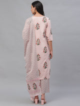 Pink Cotton Printed Kurta With Palazzo And Dupatta
