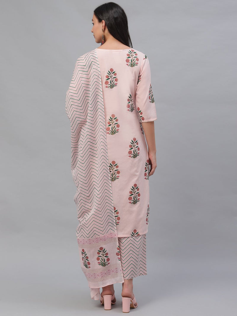 Pink Cotton Printed Kurta With Palazzo And Dupatta