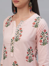 Pink Cotton Printed Kurta With Palazzo And Dupatta