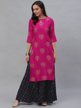 Pink Rayon Printed Kurta With Blue Skirt