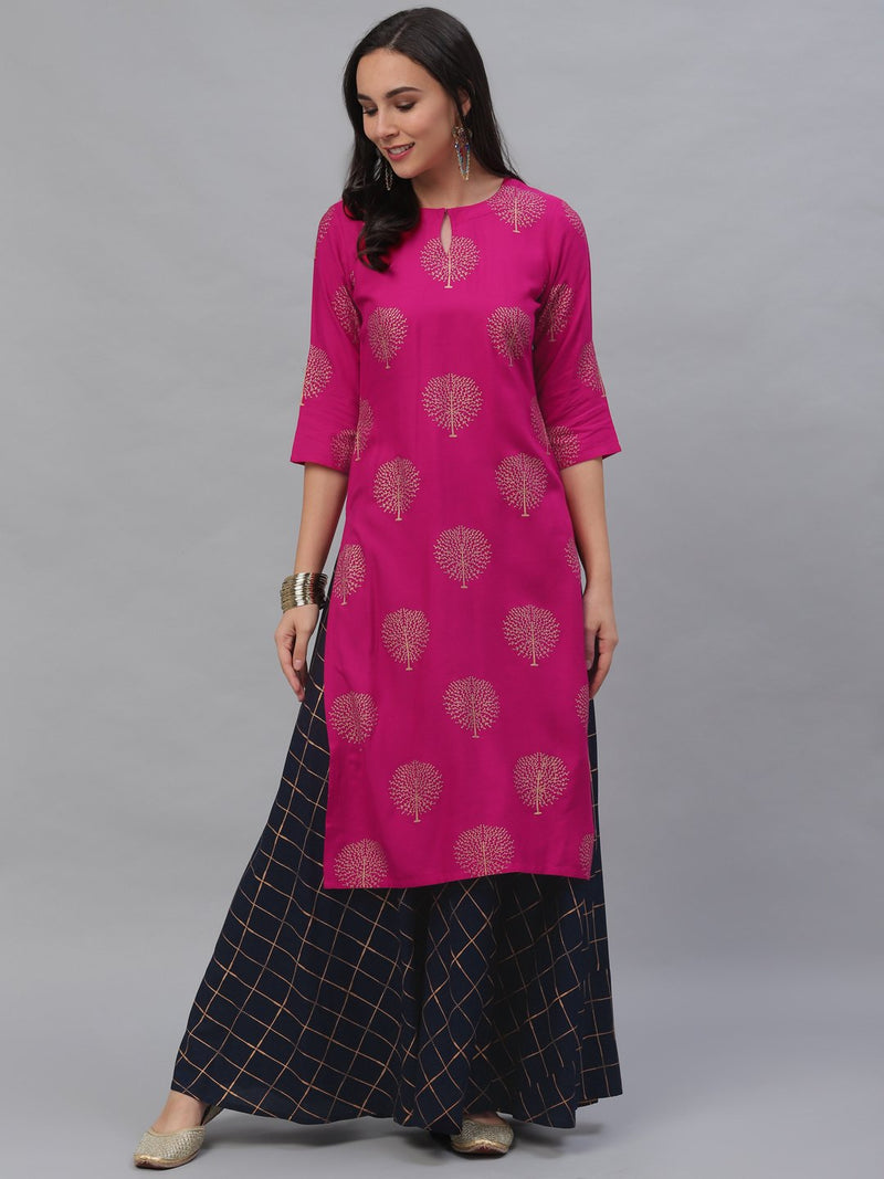 Pink Rayon Printed Kurta With Blue Skirt