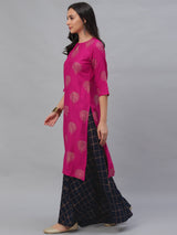 Pink Rayon Printed Kurta With Blue Skirt