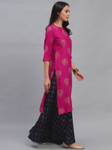 Pink Rayon Printed Kurta With Blue Skirt