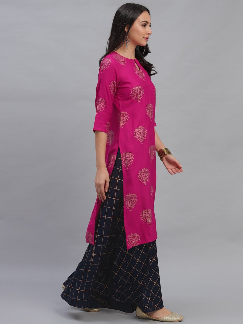 Pink Rayon Printed Kurta With Blue Skirt