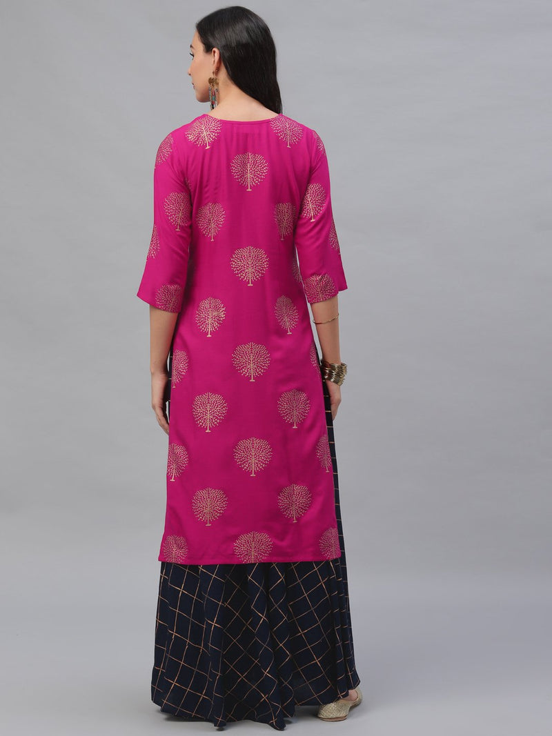 Pink Rayon Printed Kurta With Blue Skirt