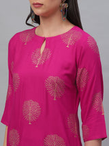 Pink Rayon Printed Kurta With Blue Skirt
