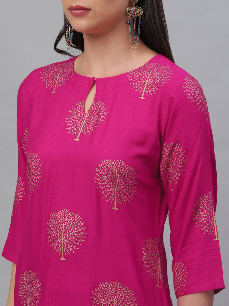 Pink Rayon Printed Kurta With Blue Skirt