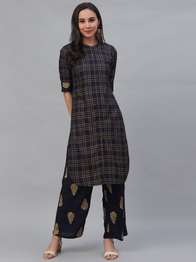 Blue Rayon Printed Pathani Kurta With Palazzo