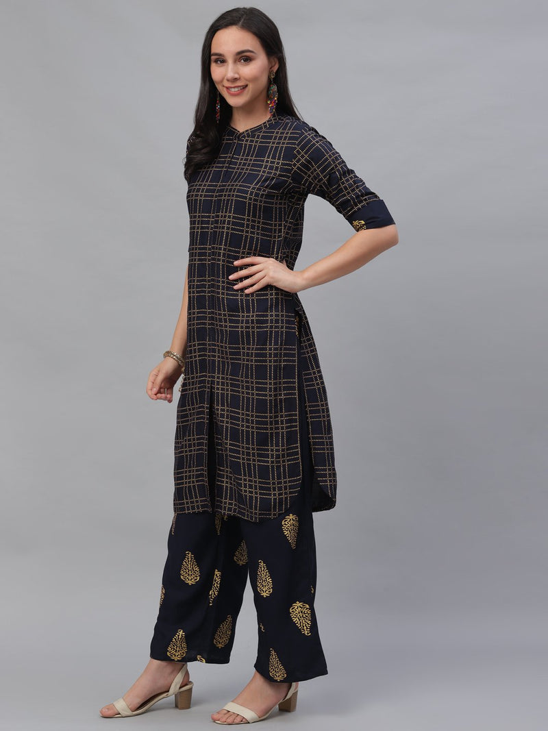 Blue Rayon Printed Pathani Kurta With Palazzo