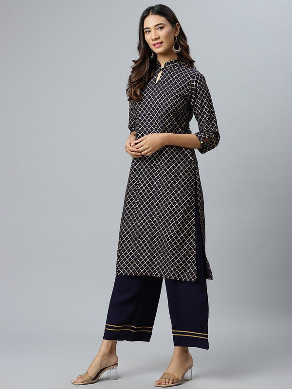 Blue Checkered Rayon Kurta Set