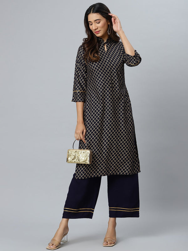 Blue Checkered Rayon Kurta Set