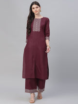 Maroon Cotton Embroidered Kurta With Palazzo