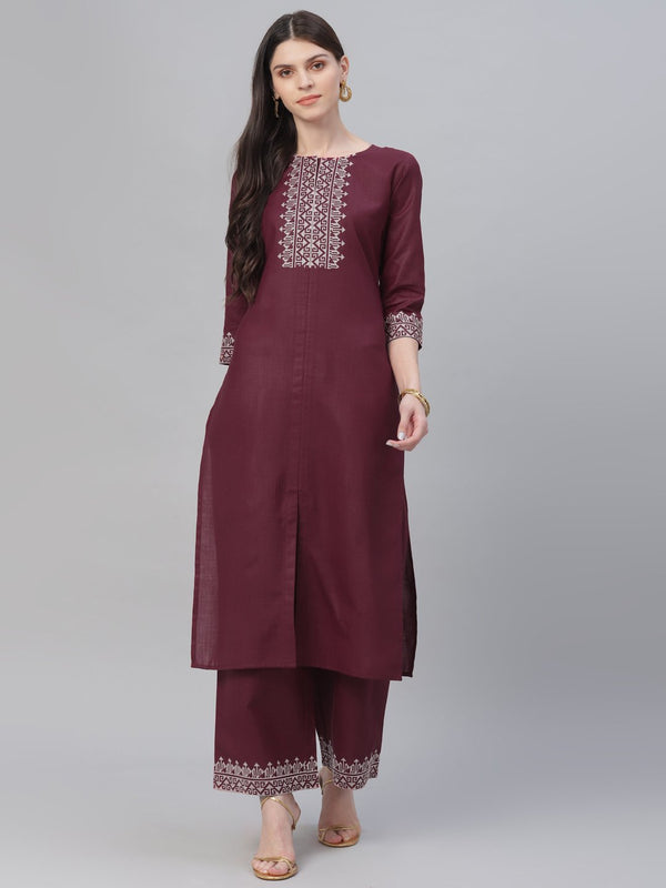 Maroon Cotton Embroidered Kurta With Palazzo