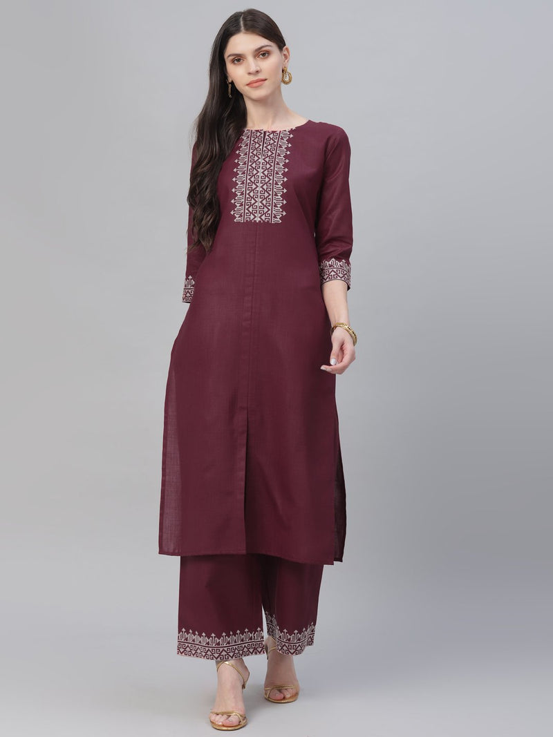 Maroon Cotton Embroidered Kurta With Palazzo