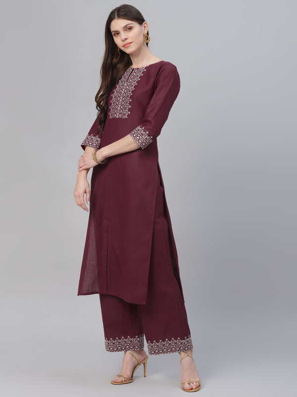 Maroon Cotton Embroidered Kurta With Palazzo