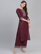Maroon Cotton Embroidered Kurta With Palazzo