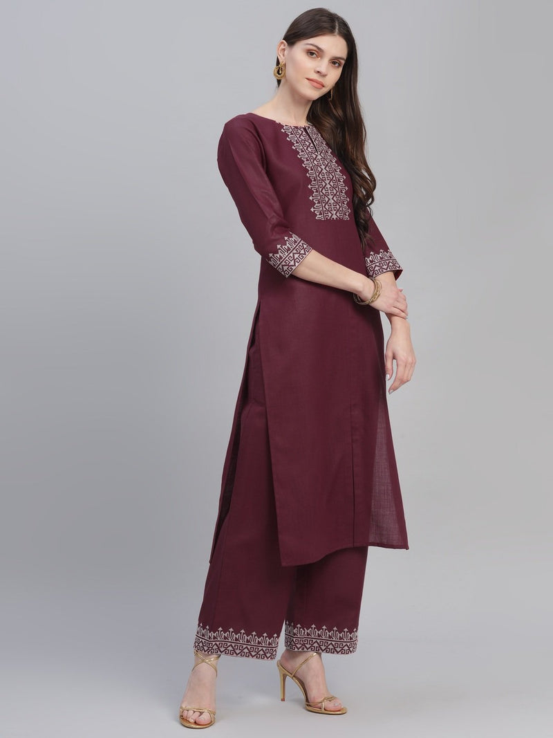 Maroon Cotton Embroidered Kurta With Palazzo