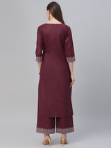 Maroon Cotton Embroidered Kurta With Palazzo