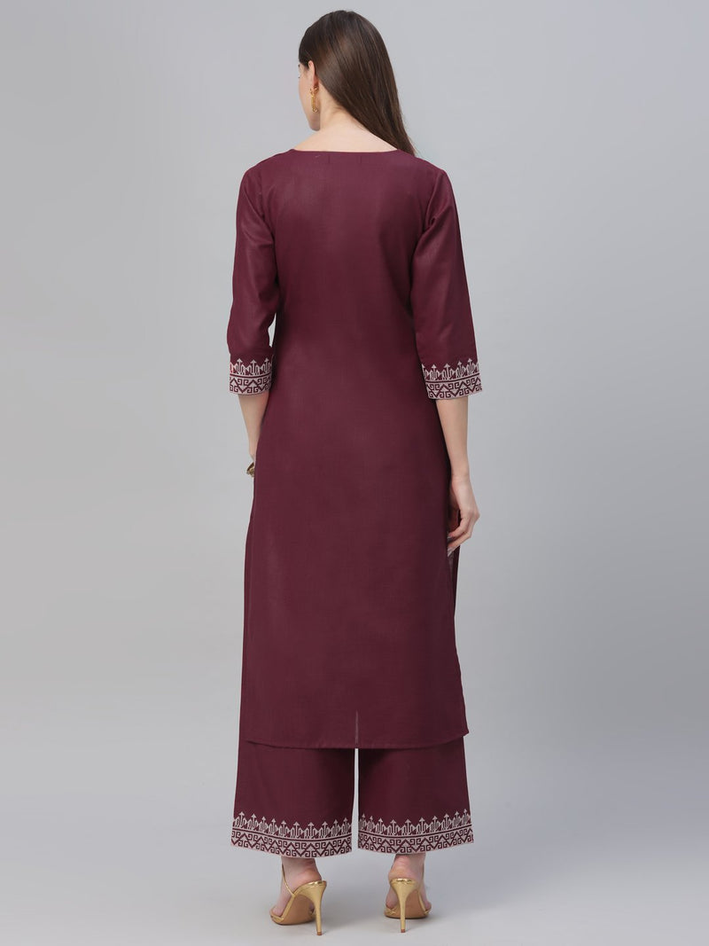 Maroon Cotton Embroidered Kurta With Palazzo