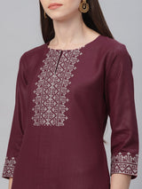 Maroon Cotton Embroidered Kurta With Palazzo