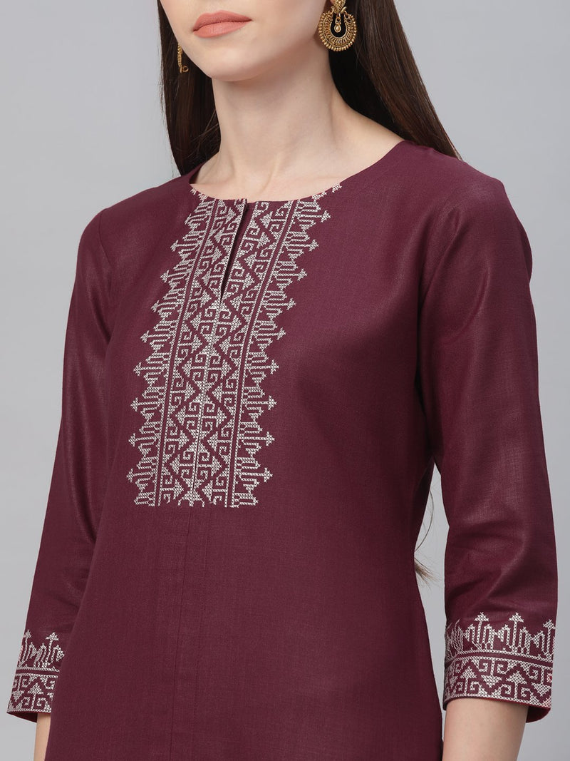 Maroon Cotton Embroidered Kurta With Palazzo