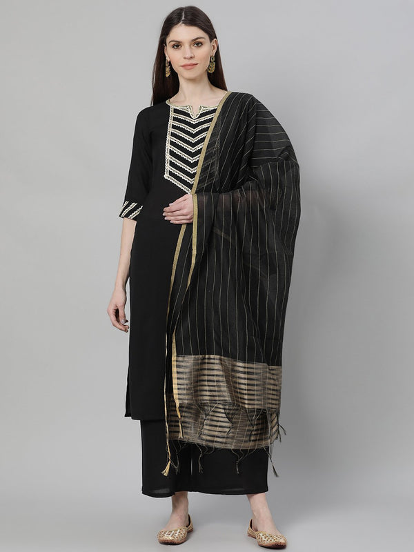 Black Cotton Solid Kurta With Palazzo And Silk Blend Woven Dupatta