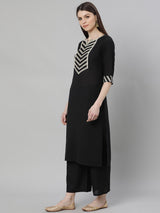 Black Cotton Solid Kurta With Palazzo And Silk Blend Woven Dupatta