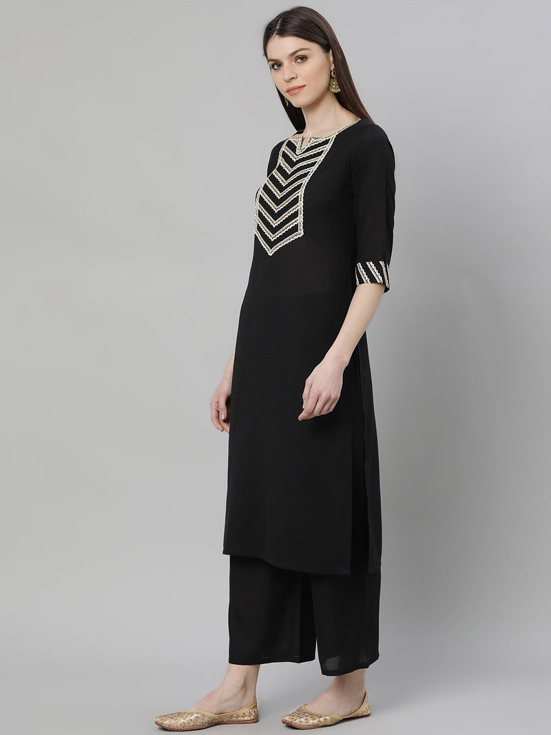 Black Cotton Solid Kurta With Palazzo And Silk Blend Woven Dupatta
