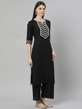 Black Cotton Solid Kurta With Palazzo And Silk Blend Woven Dupatta