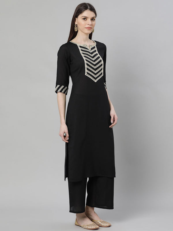 Black Cotton Solid Kurta With Palazzo And Silk Blend Woven Dupatta