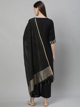 Black Cotton Solid Kurta With Palazzo And Silk Blend Woven Dupatta